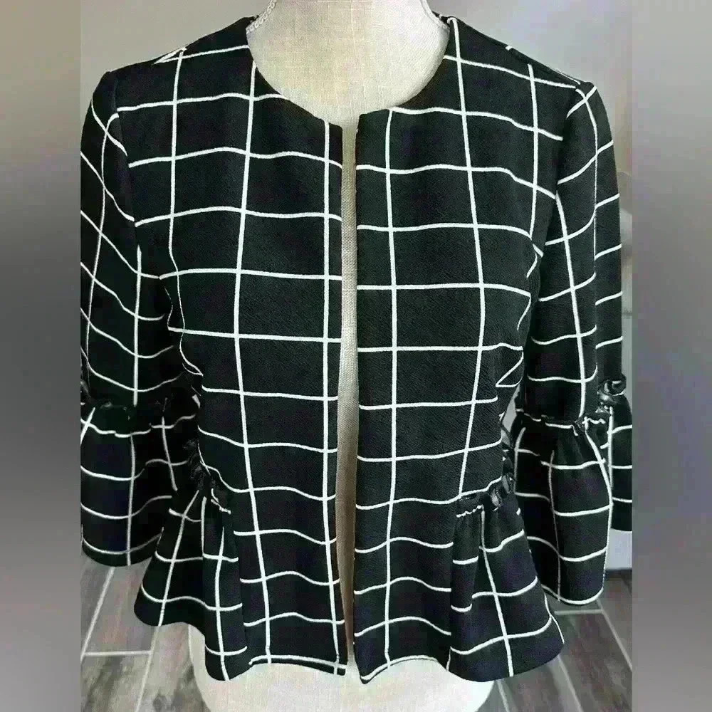 Women's Plaid Open Front  Ruffle Hem Jacket Casual Outerwear Blazer - Picture 2 of 5